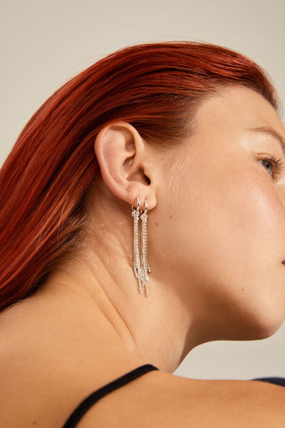 Nur Chain Fringe Hoop Earrings Silver